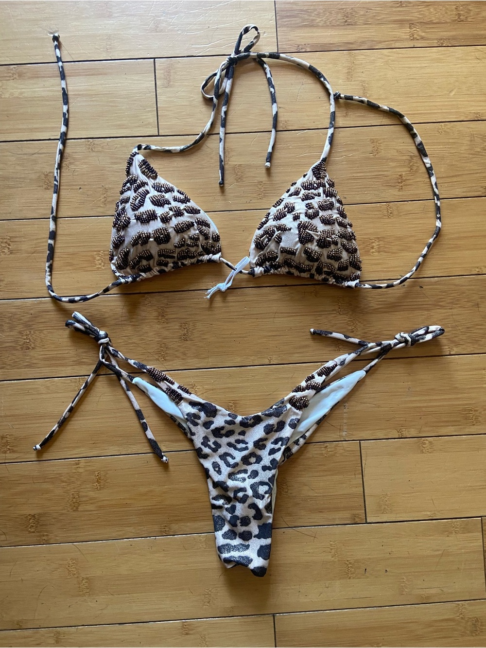 Colombian Beaded Swim Leopard Print Triangle Bikini Set - Brown & Cream